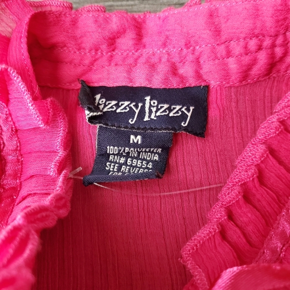 NWOT Dizzy Lizzy Fuchsia Pink Sheer Tie Neck Top w/ Ruffles & Ribbons - Picture 5 of 10